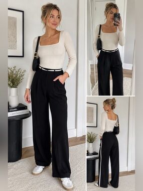 Black Wide Leg Trouser Pants White Side Stripe Size 4